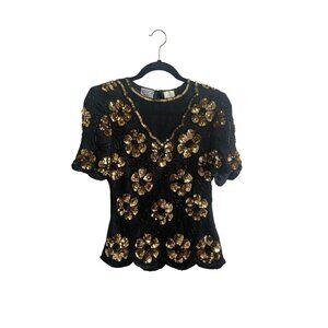 Vintage 1980s Stenay Black Silk Top W/ Gold Sequin Flowers & Beaded Leaves Size